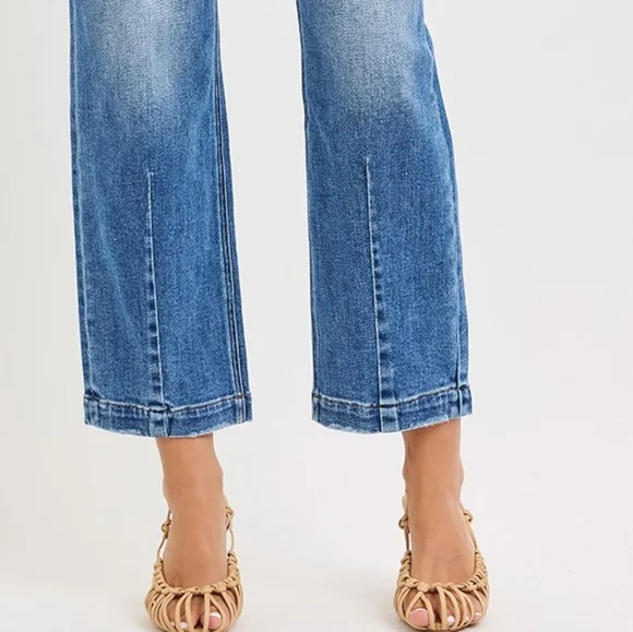 RISEN Barrel Jeans High-rise Boyfriend Vertical Seam Cropped Denim Distressed - Picture 14 of 16
